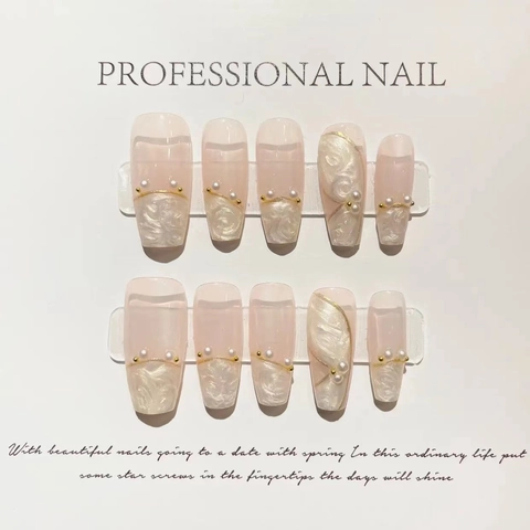 Long Trapezoid Press On Nails Pink White Marble Pattern Gold Wire Faux Pearl Elegant Fake Nails Women Daily Manicure Kit