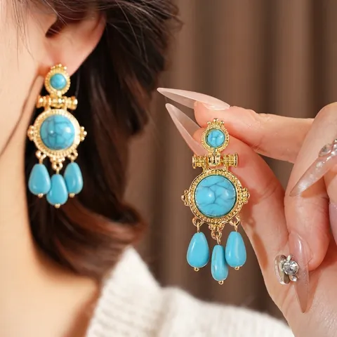 Orecchini Pendenti Boho Vintage Lega Oro Pietra Stile Turchese Con Perno In Argento Etnico Per Donna
