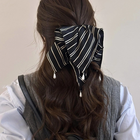 Coletero Con Lazo De Tela A Rayas Y Colgantes De Perlas Artificiales Artificiales Accesorio Elegante Para El Cabello Mujer