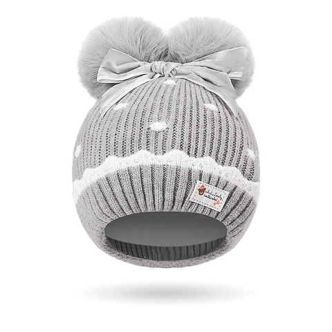 Bonnet En Tricot Pour Enfants Mignon Chaud Fausse Fourrure Double Pompon Nœud En Velours Protection Des Oreilles Extensible