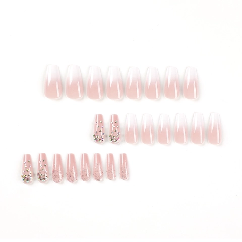 Roze En Witte Ombre Plaknagels Kistvorm Kunstnagels Met Strassteentjes En Glitter Voor Dames