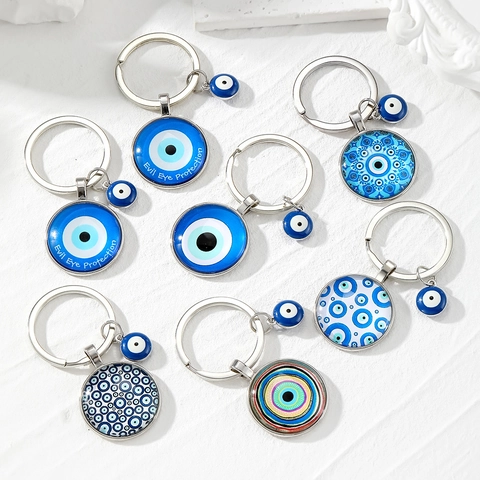 Portachiavi Malocchio in Metallo e Vetro Vintage Ciondolo Protezione Mandala Blu Retrò Pendente Borsa Cabochon in Vetro Regalo
