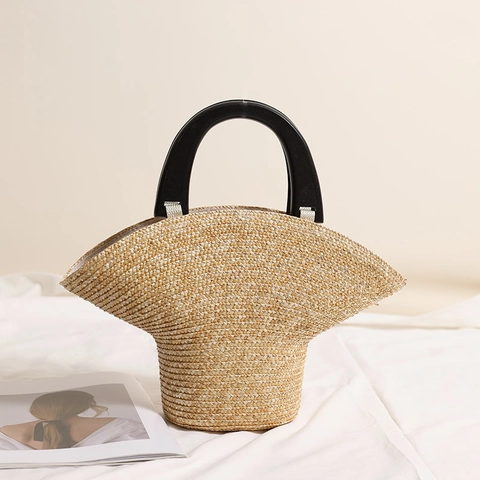 Bolso De Mano De Paja Trenzada Con Asas De Madera Vacaciones De Verano En La Playa Bolso De Viaje Khaki Cremallera