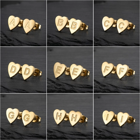 Heart Initial Stud Earrings Stainless Steel 26 Alphabet Letter Engraved Minimalist Personalized Jewelry For Women