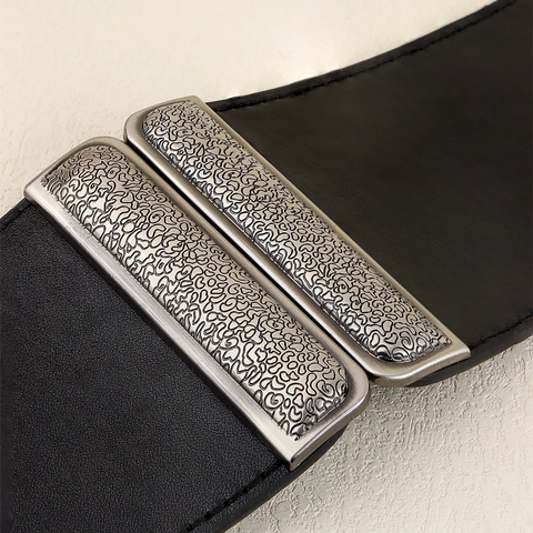 Women Wide Corset Waist Belt Elastic PU Leather Retro Silver Metal Carved Interlock Buckle Vintage Cinch Waistband For Dresses