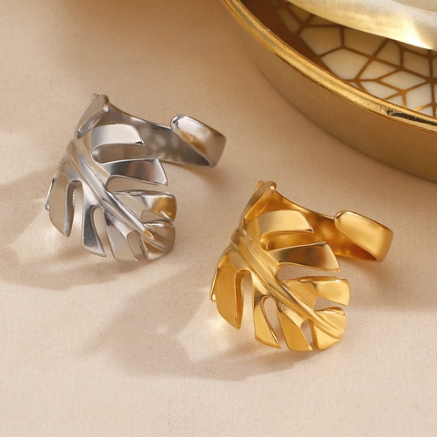 Anillo Hoja De Monstera Acero Inoxidable Dorado Ajustable Joyería De Moda Para Mujer