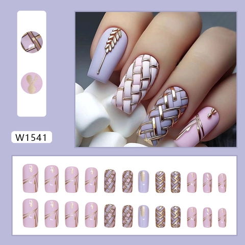 Purple Pink Plaid Wheat Ear Press On Nails Square Shape ABS Detachable False Nails Decorative Manicure For Women