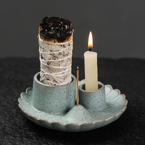 Ceramic Palo Santo Holder Sage Tray Incense Burner Candle Holder Petal Shape Spotted Glaze Zen Home Decor Scent Accessories