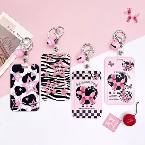 Cartoon Welpe Ausweis Halter ABS Kunststoff Abzeichen Hülle Mit Schlüsselband Schlüsselanhänger Für Schüler Kinder Rosa