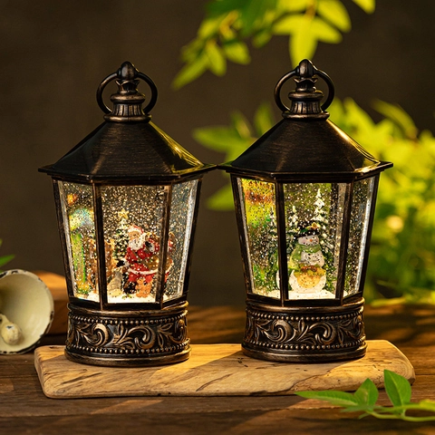 Christmas Snow Globe Lantern Music Box Vintage Bronze LED Light Swirling Snowflakes Musical Decor Santa Claus Snowman