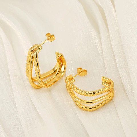 Mehrlagige C-Förmige Creolen Für Damen Edelstahl 18K Vergoldet Gedrehte Seilstruktur Geometrischer Ins-Stil