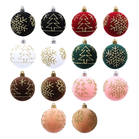 Christmas Ball Ornaments Flocked Velvet Glitter Snowflake Tree Pattern Painted Holiday Tree Hanging Decor Window Display Novelty
