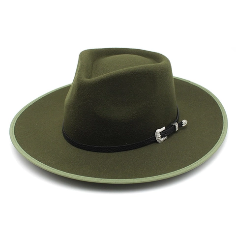 Chapeau Fedora Vintage À Large Bord En Feutre De Laine Jazz Cap Avec Ceinture À Boucle Gravée Style Cowboy