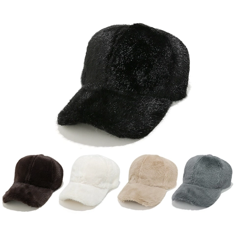 Winter Honkbalpet Van Kunstnertsbont Warme Polyester Effen Kleur Gestructureerde Sportmuts Voor Heren Dames