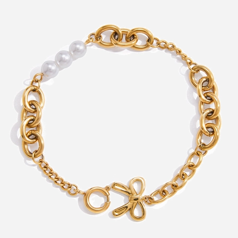 Bracciale In Acciaio Inossidabile Placcato Oro 18K Vintage Con Künstliche Perle Bianche E Pendente A Fiocco Gioiello Elegante Donna