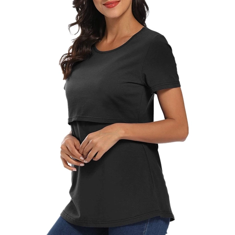 Women Maternity Nursing T-shirt Short Sleeve Round Neck Cotton Blend Breastfeeding Top For Postpartum Mothers