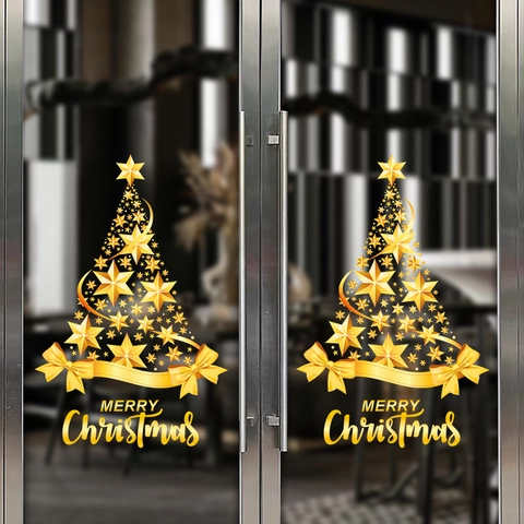 Christmas Tree Window Sticker Golden Star Pattern Merry Christmas Lettering PVC Static Cling Glass Decoration Festive Ornament