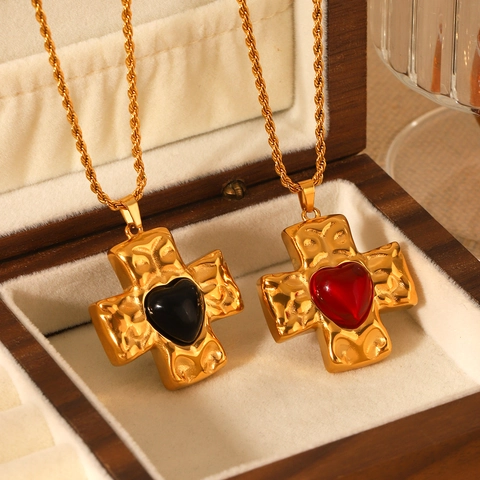 Gehamerd Kruis Hanger Ketting Roestvrij Staal Hart Edelsteen Twist Ketting Retro Sieraden Voor Dames