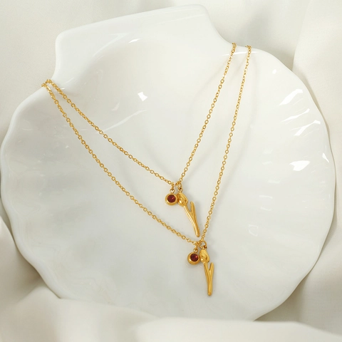 Tulpenbloem Hanger Ketting Verguld Roestvrij Staal Met Rode Strass Voor Dames Franse Stijl Sieraden