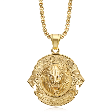 Hip Hop Stainless Steel Lion Head Pendant Necklace Rhinestone Lion International Logo Gold Silver Necklace For Men Women Jewelry