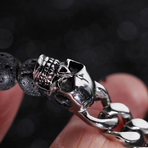 Pulsera De Calavera Para Hombre Piedra De Lava Volcánica Natural Acero Inoxidable Cadena Cubana Punk Gótico Vintage Joyería