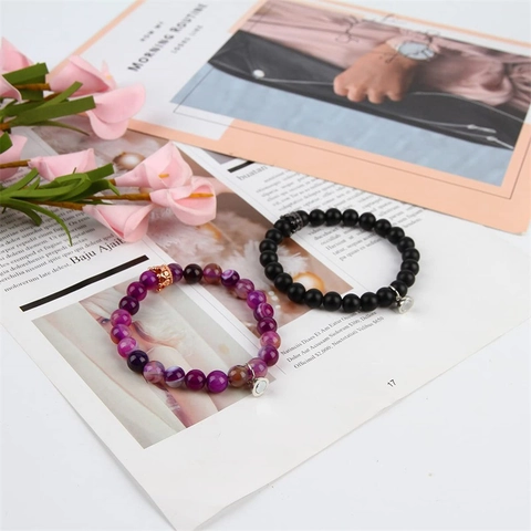 Ensemble De Bracelets Attractifs Magnétiques Pour Couple Pierre Naturelle Perles Alliage Couronne Cœur Élastique Cadeau