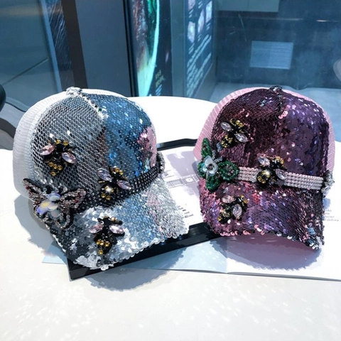 Casquette de Baseball à Paillettes pour Femmes Écussons 3D Papillon Abeille Maille Respirant Chapeau de Soleil Pailleté Snapback Doux