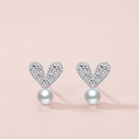 Sparkling Heart Artificial Pearl Stud Earrings With 925 Sterling Silver Earring Post Cubic Zirconia Elegant Sweet Jewelry For Women