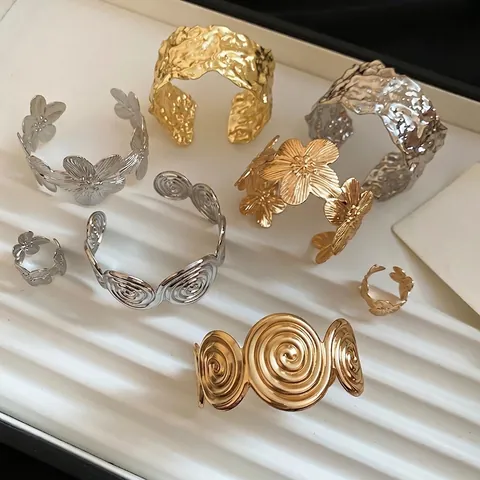 Bracciale Rigido Aperto E Anello Lega Spirale Vortice Trama Martellata Design Floreale Retrò Stile Minimalista Donne