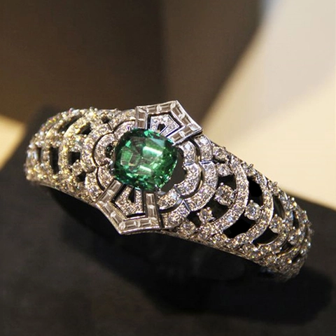 Bague En Laiton Art Déco Avec Zircone Cubique Verte Taille Coussin Et Zircons Blancs Design Éventail Évidé Pour Femme