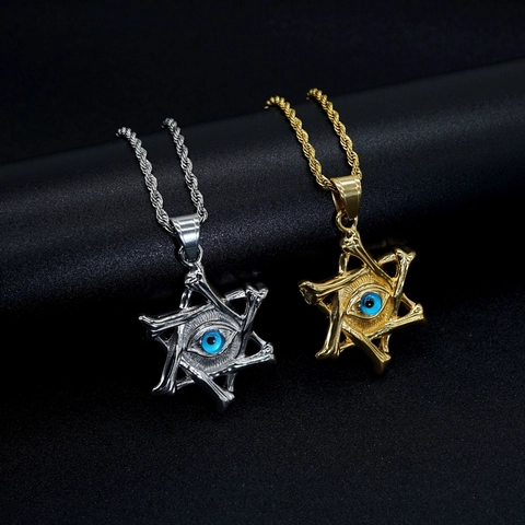 Collar de Pendiente de Hexagrama de Mal de Ojo de Acero de Titanio Hip Hop Joyería de Collar de Estrella de Hueso Gótica