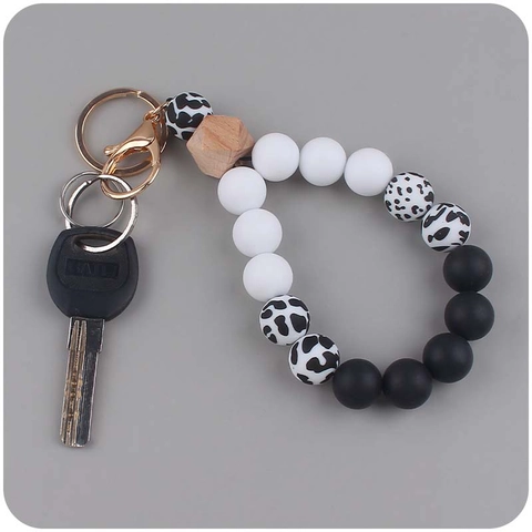 Silicone Beaded Wristlet Keychain For Women Leopard Sunflower Pattern Bracelet Key Ring With Wood Bead Alloy Clasp Fashion Accessory