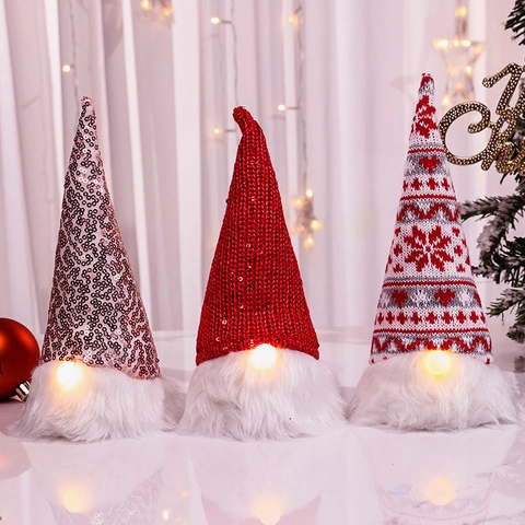 Gnome De Noël Poupée Sans Visage Ornement Lumineux Avec Nez Éclairé LED Tricot Paillettes Fausse Fourrure Décoration Table