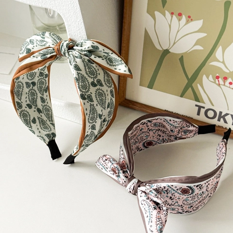 Paisley Print Bow Headband Satin Fabric Knot Wide Hairband Retro Bohemian Vintage Style Fashion Hair Accessory Women