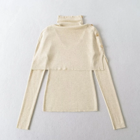 Women Ribbed Knit High Neck Long Sleeve Top And Gold Button Cape Elegant Solid Color Sweater Pullover Outfit