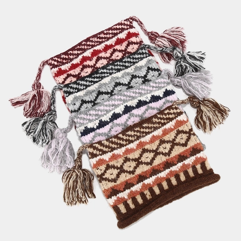 Gebreide Beanie Met Kattenoren Fair Isle Patroon Acryl Warm Winter Kwastje Oorklep Vintage Stijl Voor Dames