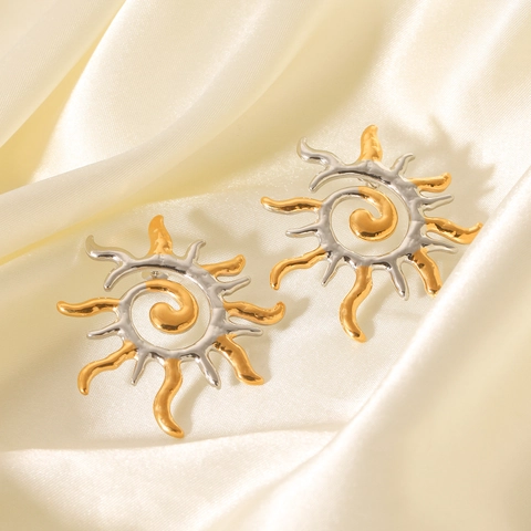 Zon Spiraal Oorbellen 18K Verguld Roestvrij Staal Tweekleurig Roterend Zonnestraal Ontwerp Vintage Boheems Voor Dames