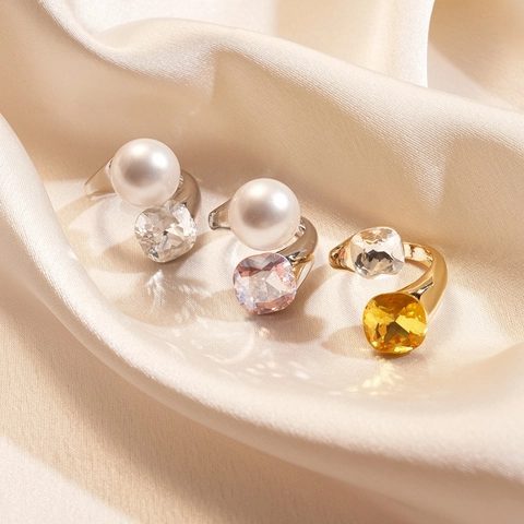 Square Crystal Imitation Artificial Pearl Open Ring Copper Luxury Unique Adjustable Finger Jewelry For Women