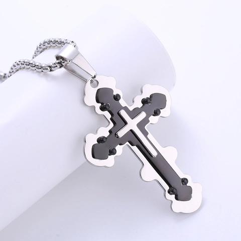 Collar Retro Para Hombre De Acero Inoxidable Con Colgante De Cruz De Doble Capa Joyería Religiosa Bicolor