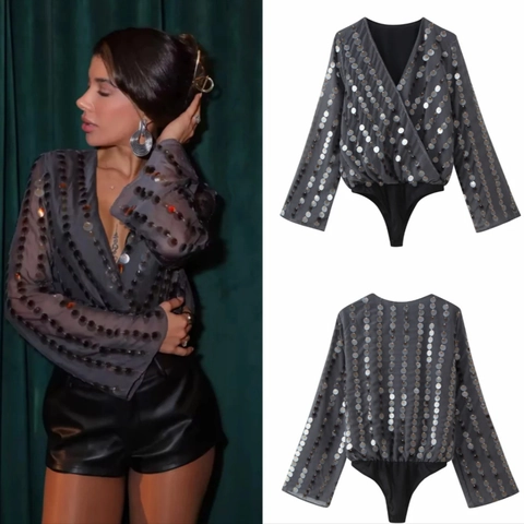 Damen Pailletten Bodysuit Langarm V-Ausschnitt Glitzer Abendparty Clubwear Funkelnd Dunkelgrau Mode
