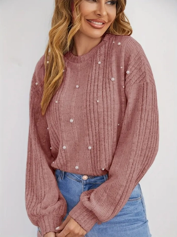 Suéter De Punto Acanalado Con Perlas Artificiales Para Mujer Cuello Redondo Manga Linterna Jersey Informal Holgado Poliéster Otoño