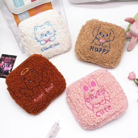 Sac De Rangement Mignon Brodé Pour Serviettes Hygiéniques En Polaire Sherpa Pochette Portable À Fermeture Éclair Pour Femmes Filles