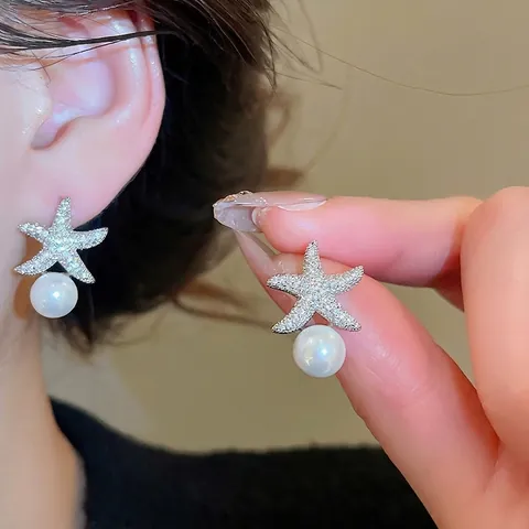 Orecchini Di Künstliche Perle Stella Marina Con Zirconia E Perno In Argento Gioielli Eleganti Oceano Per Donne