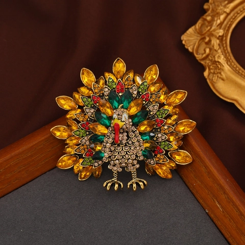 Vintage Turkey Brooch Pin Alloy Multi Color Rhinestone Enamel Animal Shape Jewelry For Thanksgiving Gift Women Men