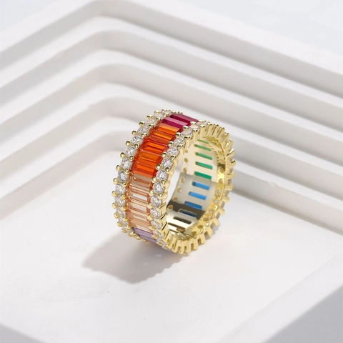 Bague de Rangée Large en Argent Sterling 925 avec Zirconia Coloré Arcobaleno Pavé pour Femmes Bijoux de Mode Or Argent