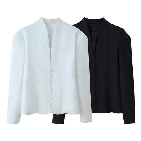 Giacca Blazer Donna Elegante Senza Collo Scollo A V Vestibilità Aderente Maniche Lunghe Ufficio