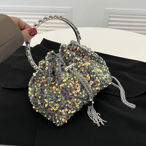 Sequin Bucket Bag PU Leather With Metal Ring Handle And Chain Strap Drawstring Handbag For Women Evening Party