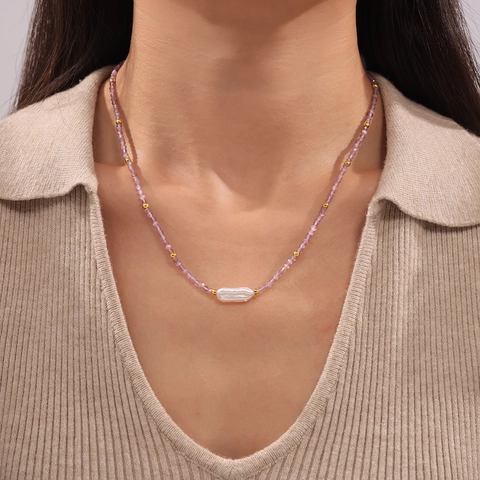 Collar De Cuentas Barrocas Con Piedra Natural Y Perla De Agua Dulce Acero De Titanio Chapado En Oro De 18K Joyas Para Mujer