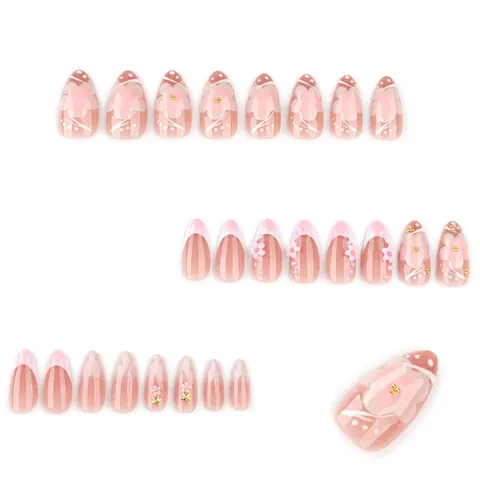 Press On Nägel Mandelform 3D Geprägte Blume Französisch Farbverlauf Rosa Weiß Kunstperle Goldene Niete Elegante Dame