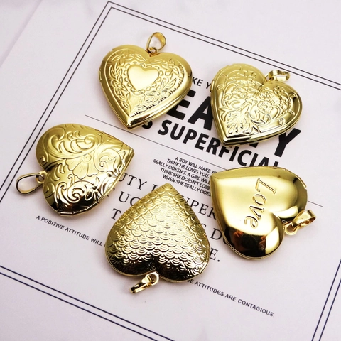 Heart Locket Pendant Copper Gold Plated Openable Engraved Love Flower Pattern Photo Charm For Women Jewelry Making